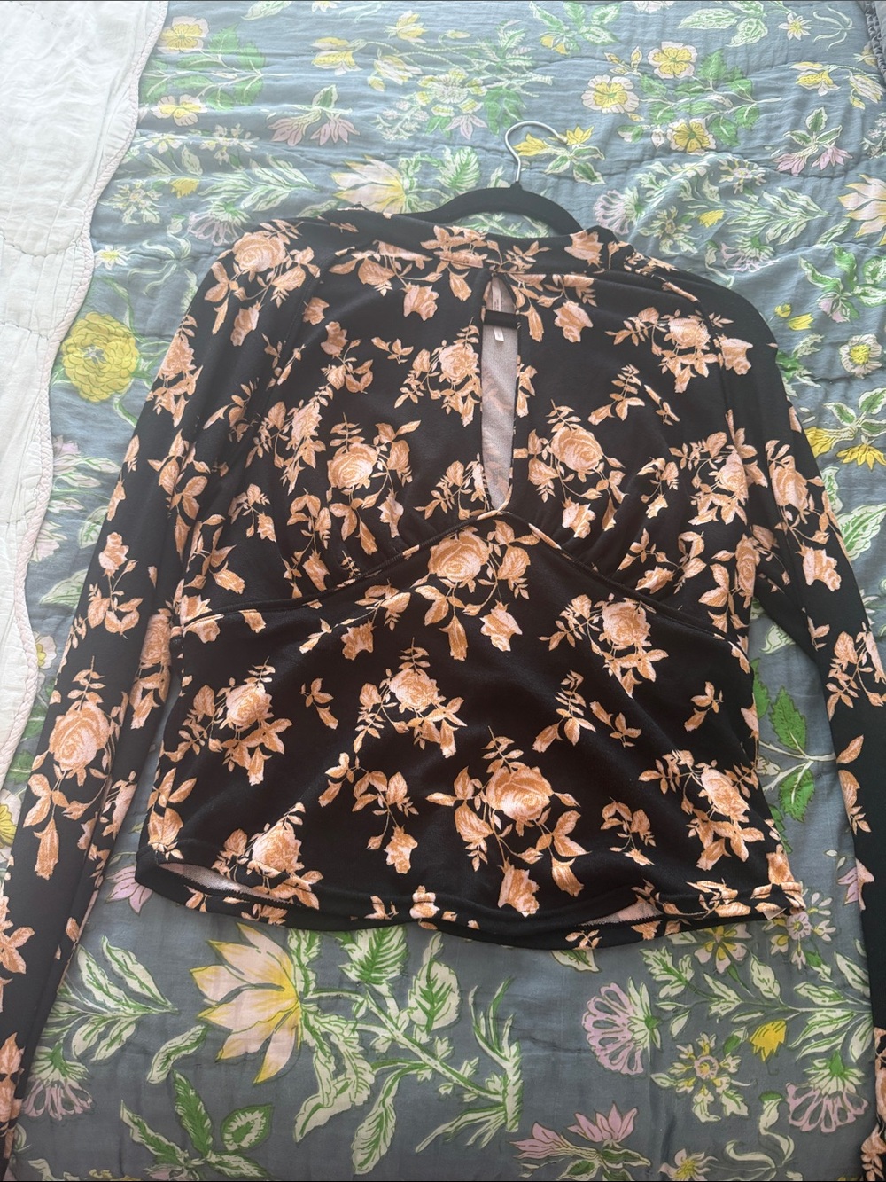 Free People Black Long-Sleeve Floral Keyhole Top with Peach Roses